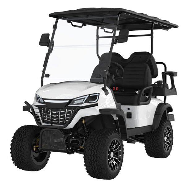 White 4-seater electric golf cart left side view with lithium battery