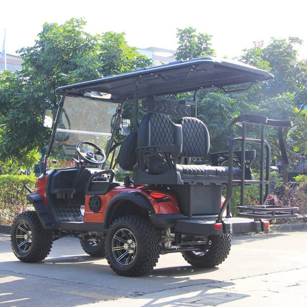 Left rear view of the red 4-seater lithium golf cart